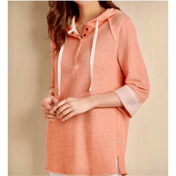 Soft Surroundings Women's Bali Beach Hooded Pull Over Top Large 3/4 sleeve - Picture 2 of 6